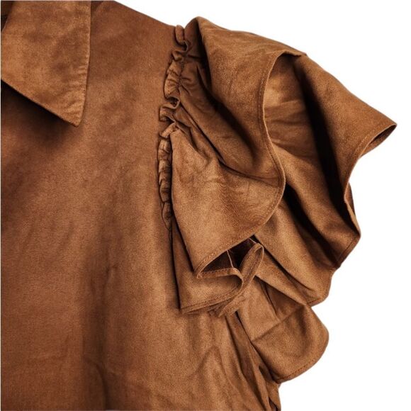 Marc New York Wm’s Sz Med Brown Tiered Ruffle Sleeve Button Down Shirt - Picture 2 of 6